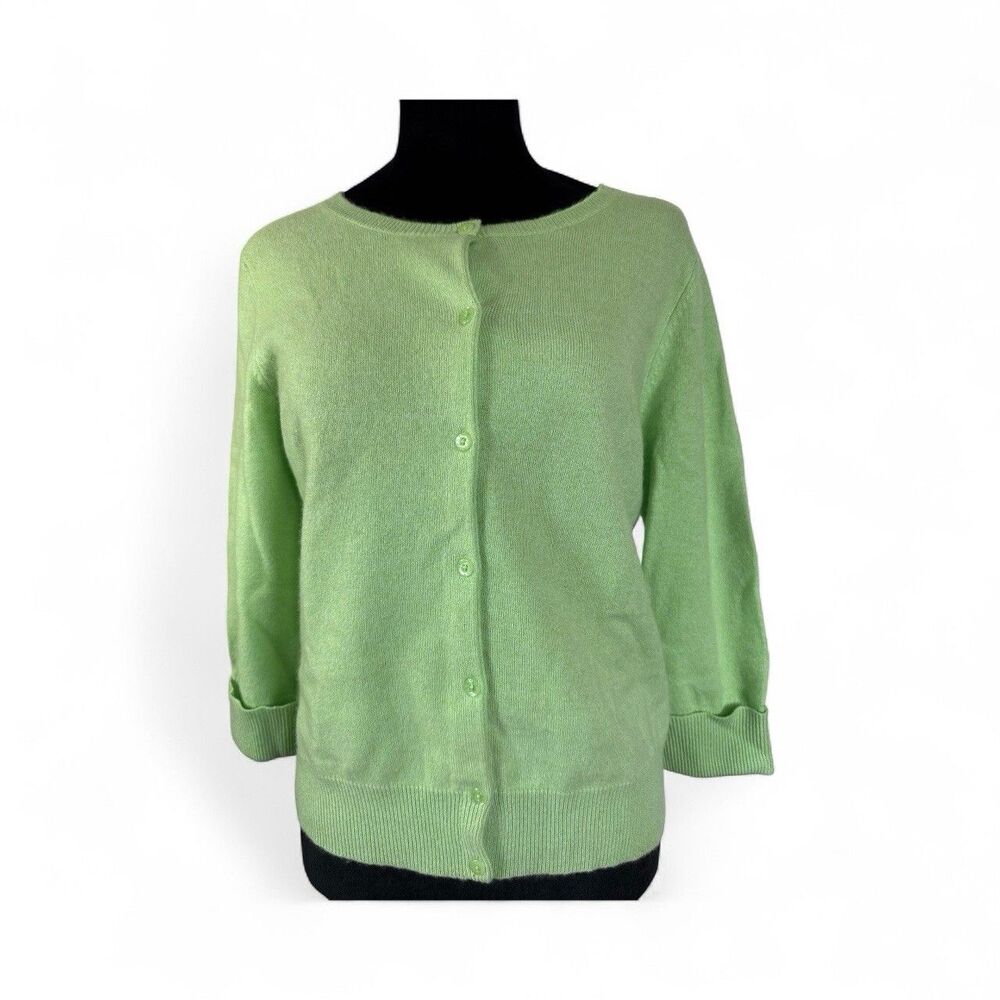 Grayson & Dunn 100% Cashmere Cardigan Sweater Medium Green 3/4‎ Cuffed Sleeves